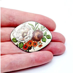 Vintage Enamel Copper Flower Floral Brooch Daisies Roses Transferware Feminine